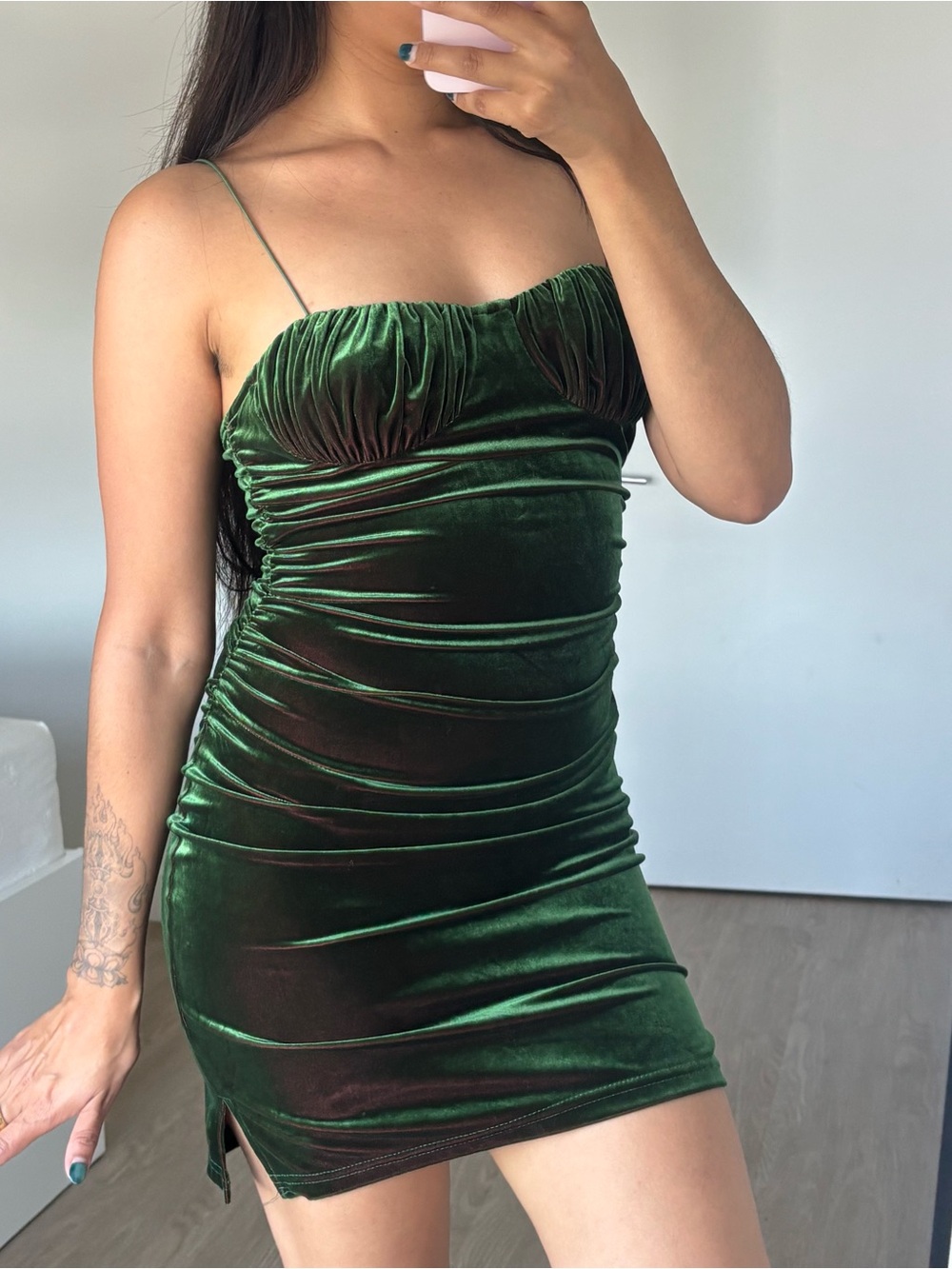 Green Velvet Ruched Slip Dress - Elegant Spaghetti Strap